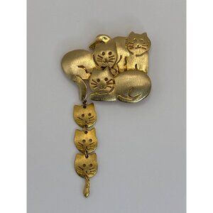 UltraCraft Vintage Brushed Gold Tone Multi Cat Dangle Brooch Pin